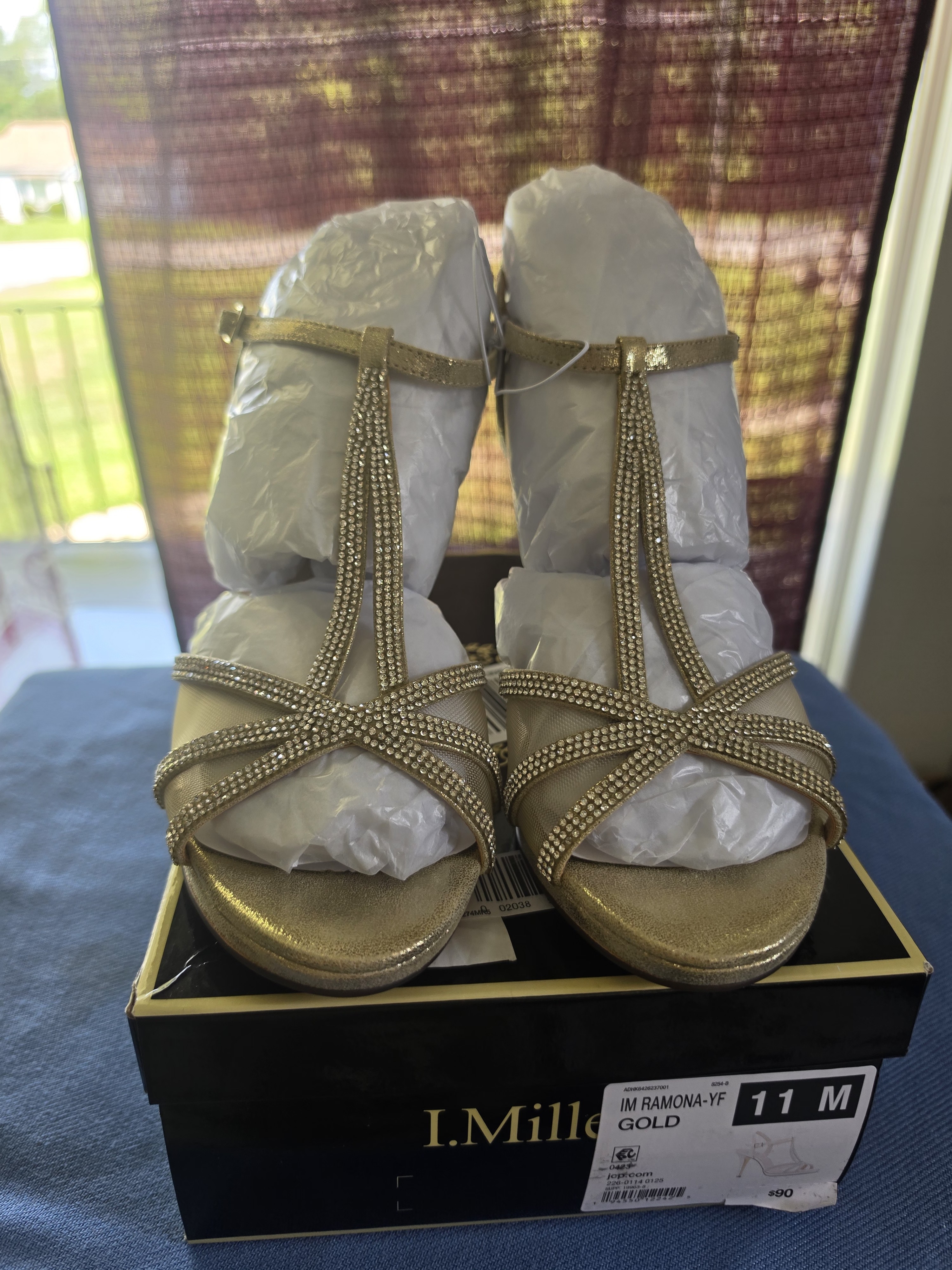 I.Miller "Ramona" Gold Rhinestone T-Strap Heeled Sandals Evening Shoes - Size 11